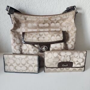 Coach Signature Beige and Brown Shoulder Bag Set